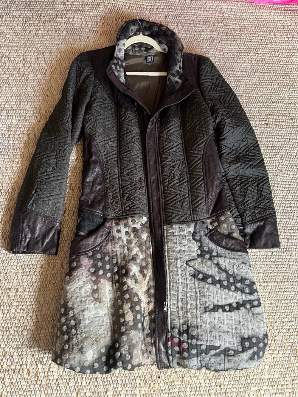 VTG Legatte Italy Patchwork Quilted Coat Artsy Boho Whimsigoth Wool Silk Sz 12